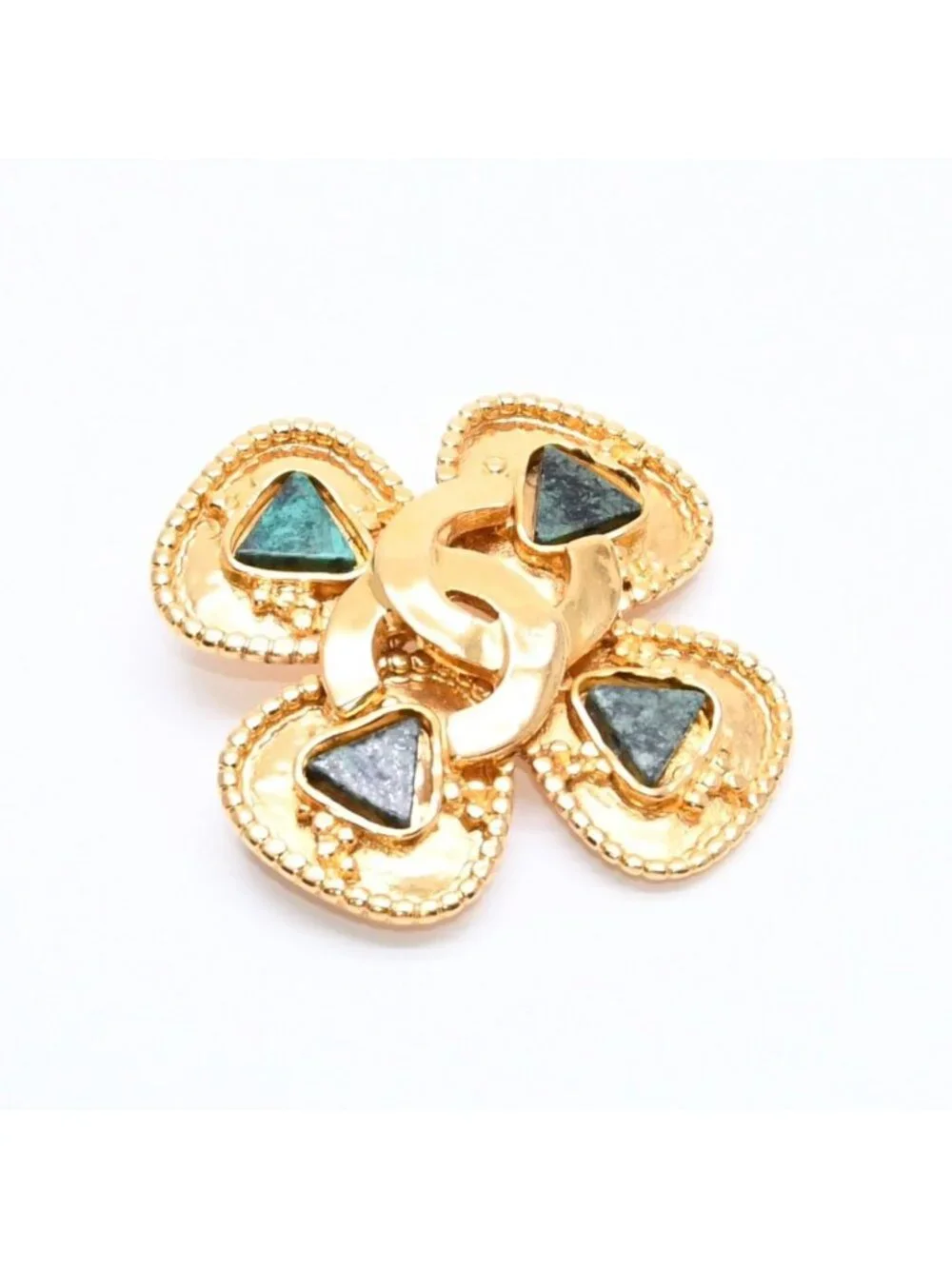 Chanel CC Logo Gripoix Brooch Clover Shape Color Stone Gold Green Metal Plated